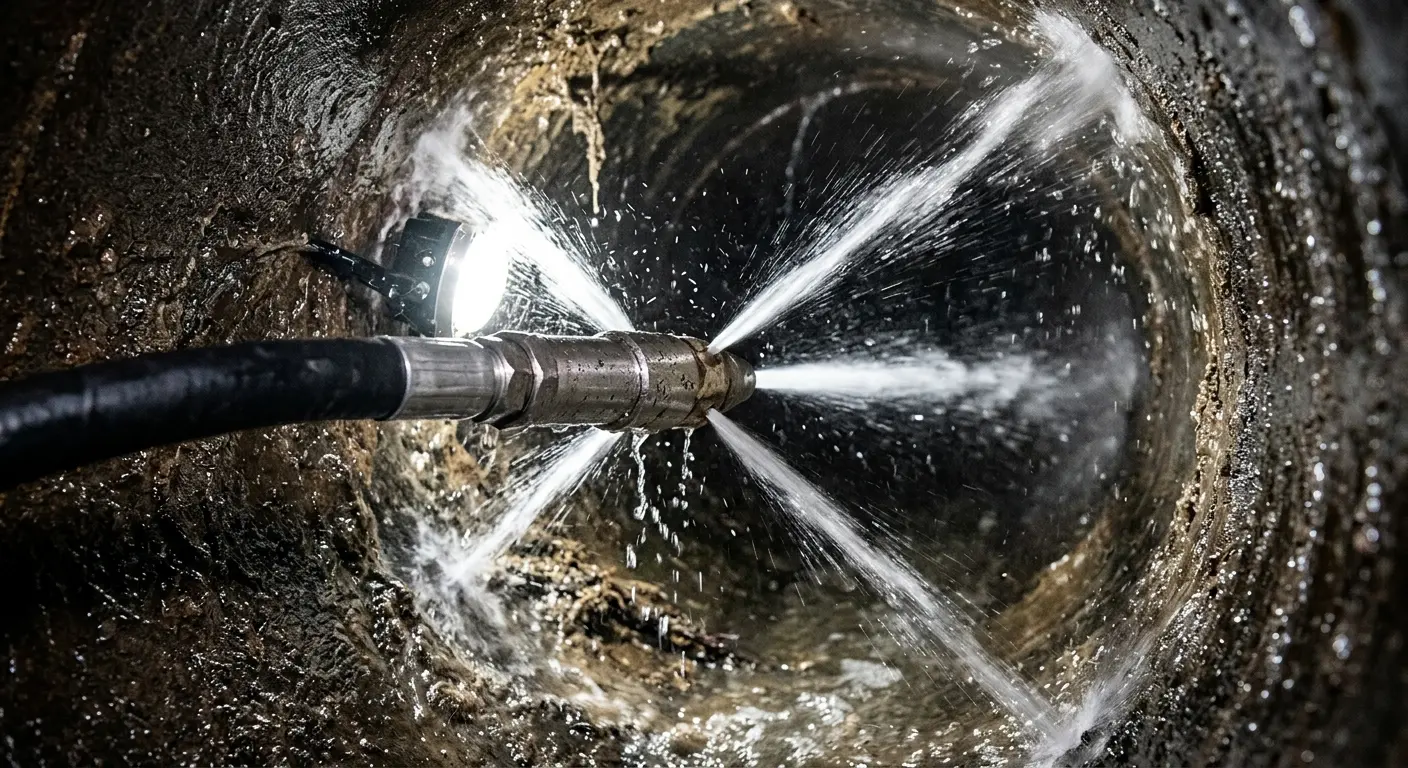High-pressure hydro jetting nozzle cleaning sewer pipe for Sewer Cleanout in Hurricane