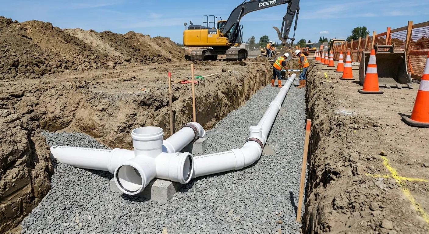 New PVC sewer pipe installation in open trench for Grease Trap Cleaning in Hurricane