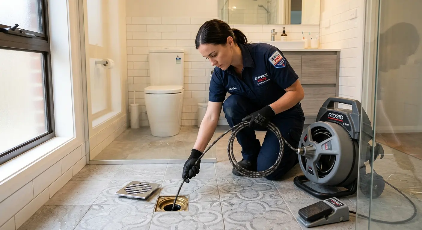 Technician clearing a bathroom floor drain for Sewer Line Installation in Hurricane